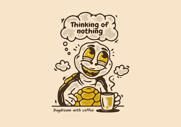 Daydreamer die aan niets denkt mascotte personage illustratie van schildpad drink een koffie terwijl je dagdroomt