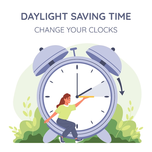 Vector daylight saving time banner woman change he hands of the clock forward an hour during the dst