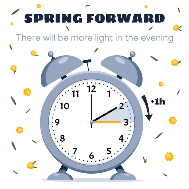 Premium Vector  Daylight saving time march 12 2023 concept clock set to an  hour ahead spring forward summer time