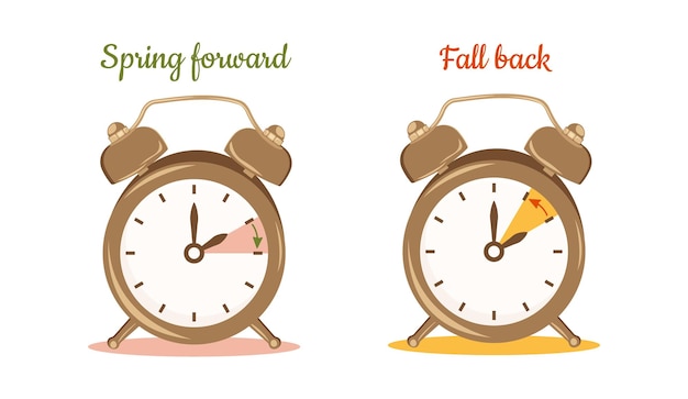 Vector daylight saving time concept fall back and spring forward clocks hand turning to summer and winter time for website graphic minimalist vector illustration with alarm isolated on white background