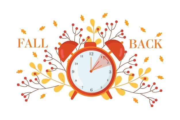 Vector daylight saving time conceptalarm clock on the autumn leaves background