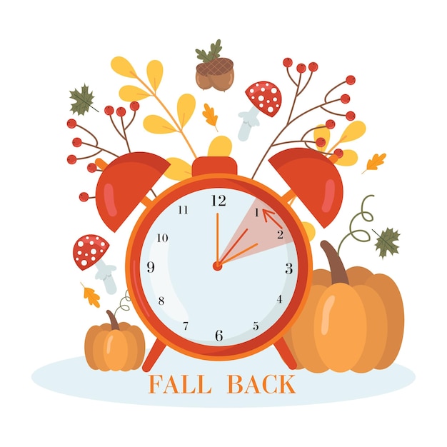 Daylight saving time conceptAlarm clock on the autumn leaves and pumpkins background