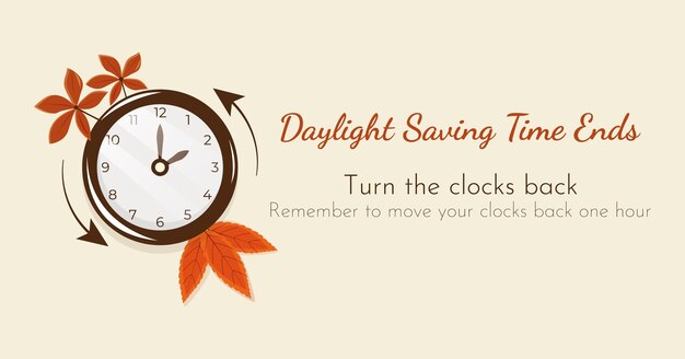 Daylight Saving Time ends Fall Back hand turning to winter time vector design with clock and leaves