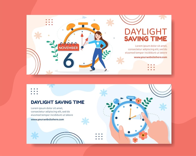 Daylight savings time horizontal banner template hand drawn cartoon flat illustration