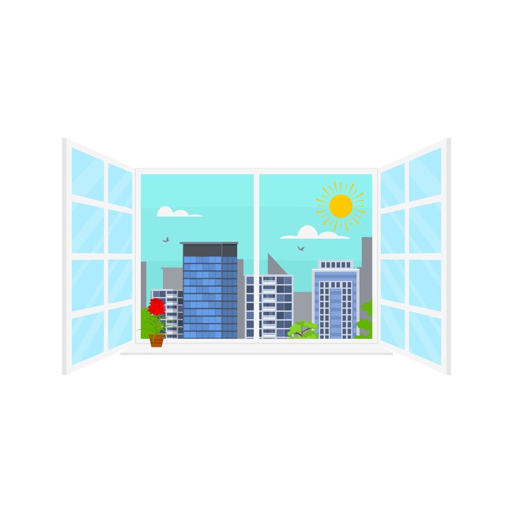 Vector daytime urban landscape in window scene element web design style vector illustration