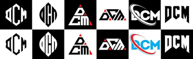 DCM letter logo design in six style DCM polygon circle triangle hexagon flat and simple style with black and white color variation letter logo set in one artboard DCM minimalist and classic logo