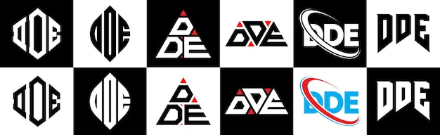 DDE letter logo ontwerp in zes stijl DDE veelhoek cirkel driehoek zeshoek platte en eenvoudige stijl met zwart en wit kleur variatie letter logo set in één artboard DDE minimalistische en klassieke logo