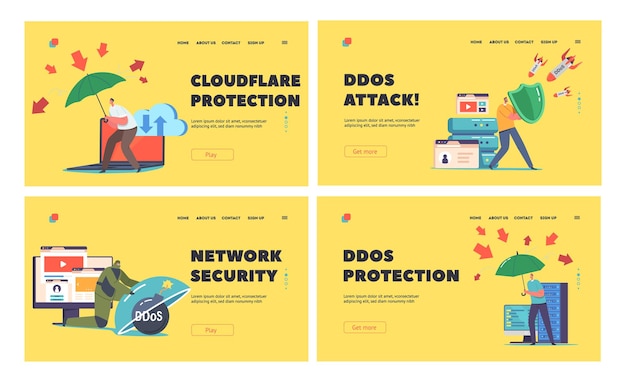 Ddos Protection 사이버 보안 데이터 안전 방문 페이지 템플릿 세트 방패와 우산 보호 서버를 가진 사람들