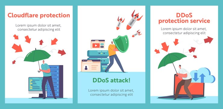 Vector ddos protection cyber security and safety data cartoon banners people with shield and umbrella protect blockchain net