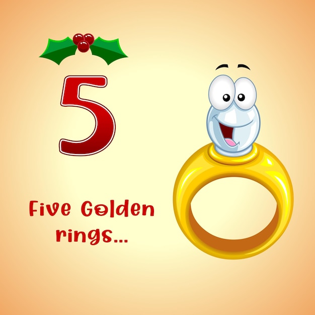 De 12 dagen van Kerstmis - 5e dag - Vijf gouden ringen. Vector hand getekende illustratie