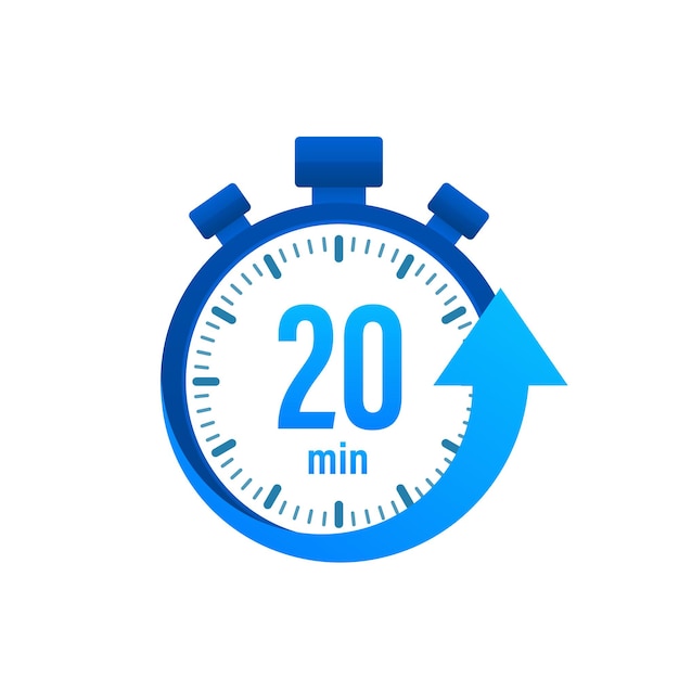 De 20 minuten, stopwatch vector icoon. Stopwatch pictogram in vlakke stijl, timer op op gekleurde achtergrond. Vector illustratie.