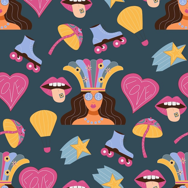 De 70s stijl naadloos vector patroon met funky retro illustraties