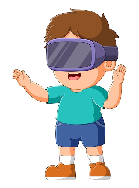 De aardige jongen speelt virtual reality en doet iets