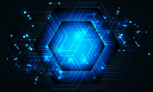 Vector de abstracte blauwe hexagon de machtsgegevens van het lijncircuit verbinden technologie futuristisch op donkere ontwerpachtergrond.