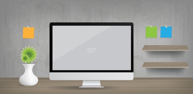 De achtergrond van de computervertoning in werkgebied. Zakelijke achtergrond voor interieur en decoratie. Vector illustratie.