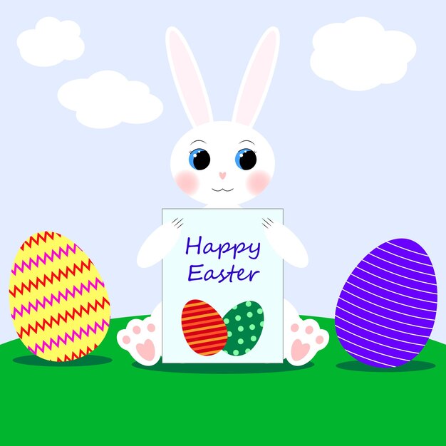 De afbeelding toont een witte paashaas met een kaart en eieren op het gazon Gelukkige paaswenskaart
