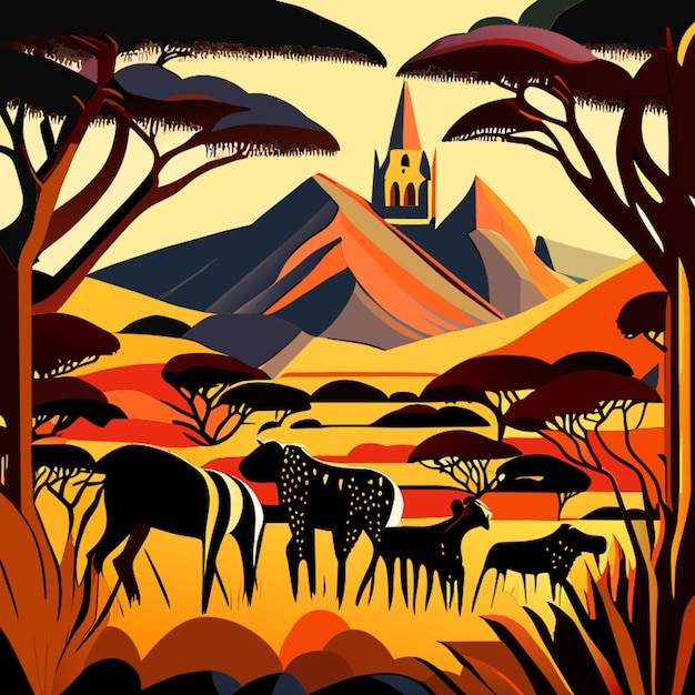 Vector de afrikaanse savanne met een katholieke kerk door francois franchine 1933 in de stijl