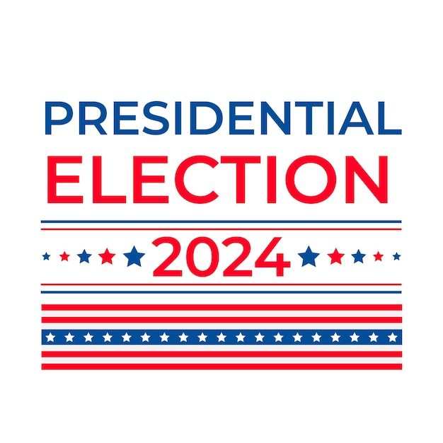 De Amerikaanse presidentsverkiezingen van 2024 worden gepresenteerd met een patriootische typografie, een poster met witte, rode, blauwe sterren en strepen, een vector sjabloon voor banners, stickers, flyers, etc.