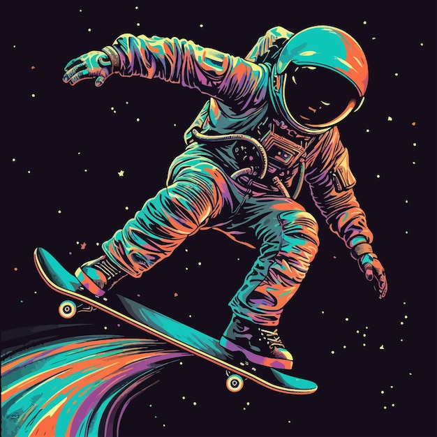 De astronaut die skateboard speelt in de ruimte