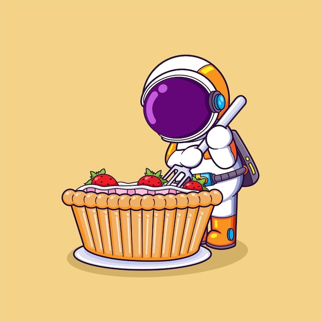 De astronaut heeft honger en gaat een grote aardbeienpannenkoek met een vork eten