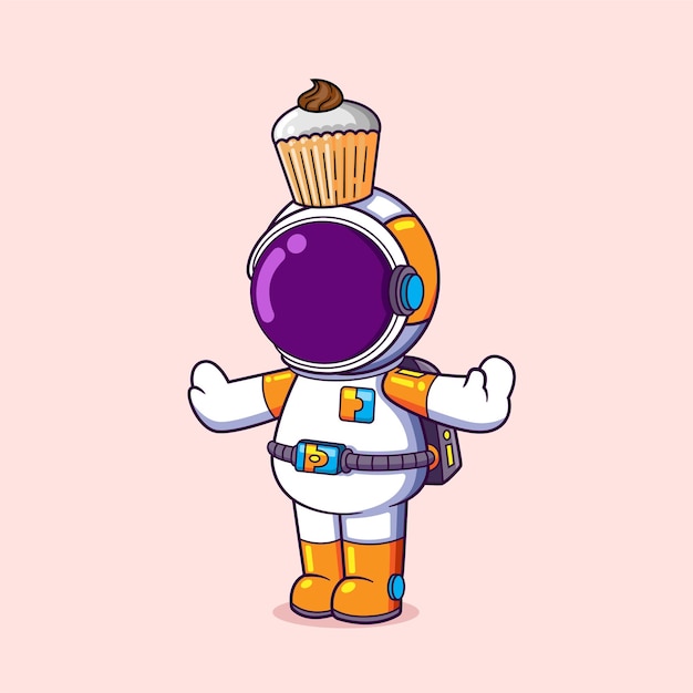 De astronaut speelt met een kleine zoete cake op zijn hoofd