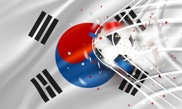 De bal in het voetbalnet doelvectorconcept met de vlag van de republiek korea 3d-vectorbanner met vervagingseffect