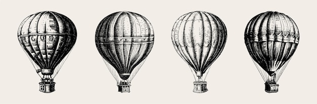 De ballon is getekend met potlood op een witte geïsoleerde achtergrond vliegtuig gegraveerde tekening