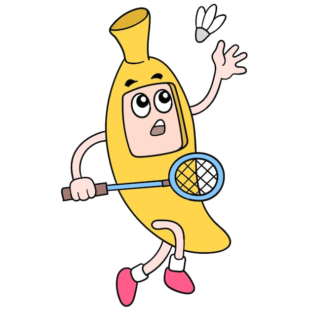 De banaanatleet speelt badminton, vectorillustratieart. doodle pictogram afbeelding kawaii.