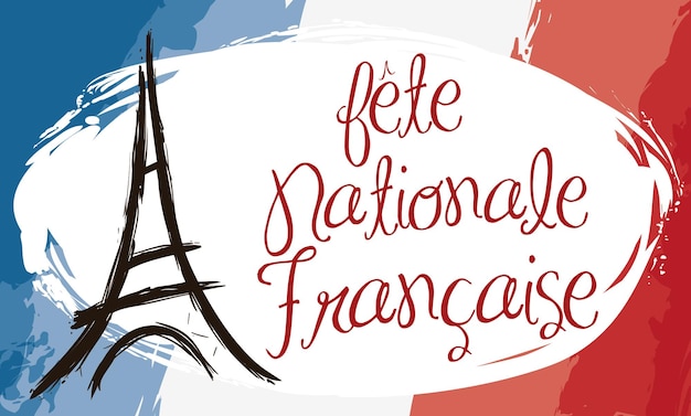 De banner van de penseelstreekstijl met de vlag van frankrijk en de tekening van de eiffeltoren