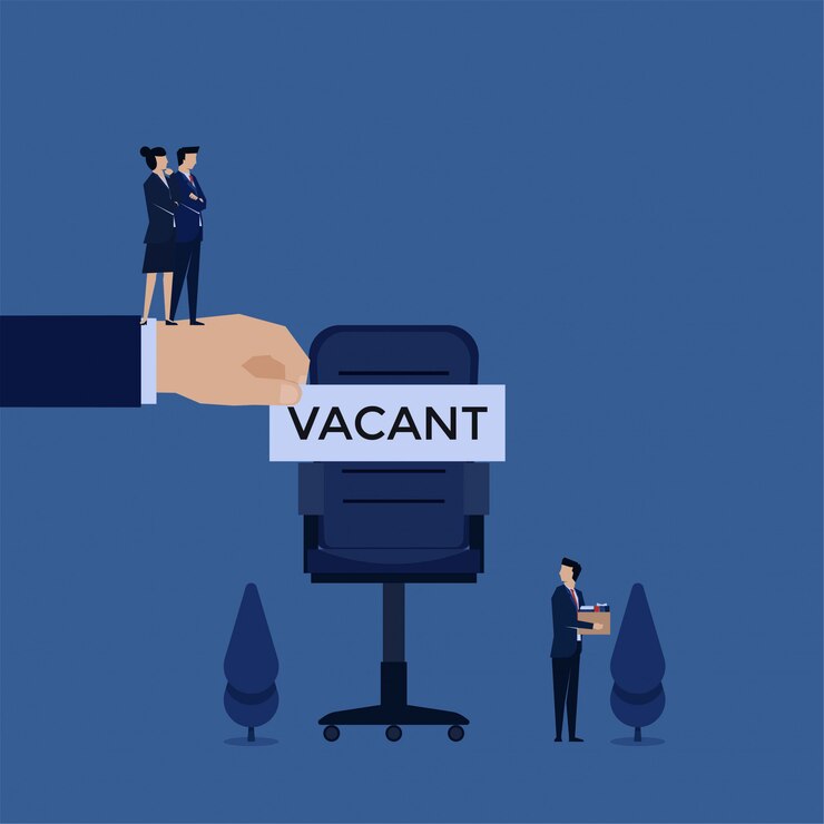 De bedrijfs vlakke vectorconceptenzakenman verlaat de stoel en de manager zetten lege tekst op het metafoor van brand en huur.