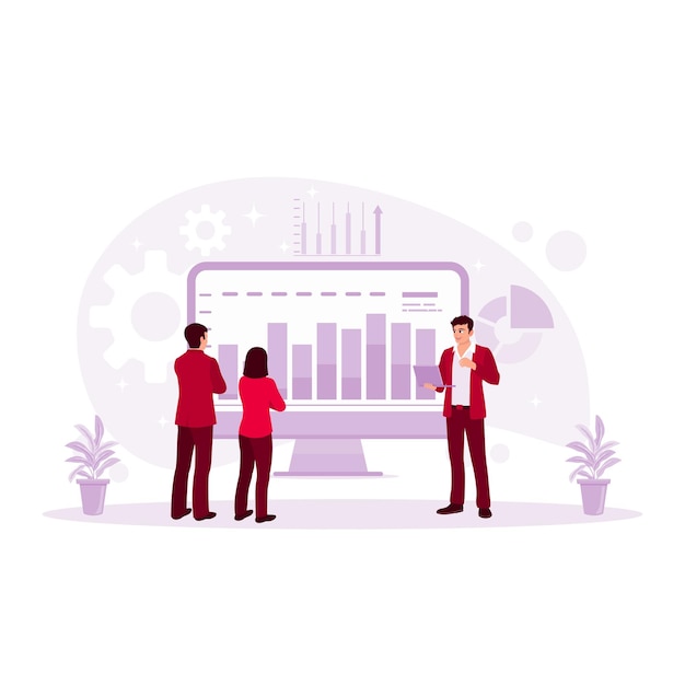 De bedrijfsmanager maakt een vergaderpresentatie. Analyseer groeigrafieken, statistieken en gegevens met behulp van een laptopcomputer. Presentatieconcept trend moderne platte vectorillustratie