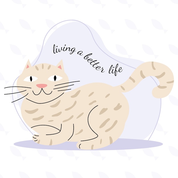 De beige kat slaapt op een paarse achtergrond met vissen. Vector illustratie.