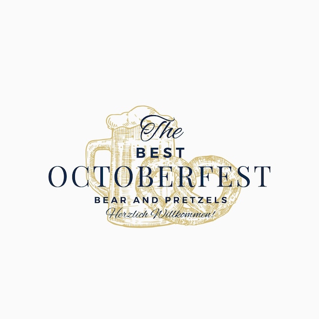 Vector de beste oktoberfest pretzels en bier abstract vector teken symbool of logo sjabloon hand getrokken krakeling en mok met klassieke typografie vintage bier fest embleem of label