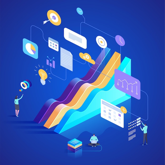 De beste statistische tools voor onderzoek en data-analyse. isometrische illustratie voor bestemmingspagina, webdesign, banner en presentatie.