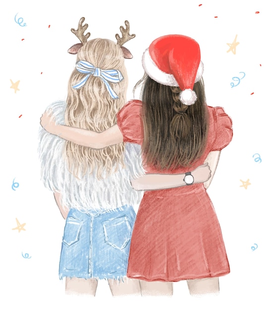 De beste vrienden van twee meisjes in kerstmis hand getrokken illustratie