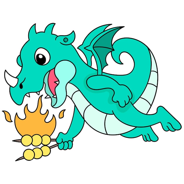 De blauwe draak vloog de lucht in met voedsel en verbrandde het, vectorillustratiekunst doodle pictogram afbeelding kawaii.