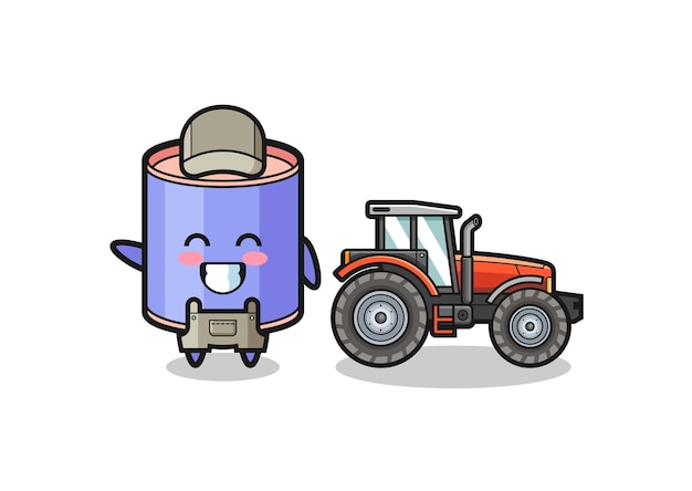 De boer-mascotte van het cilinderspaarvarken staat naast een schattig ontwerp van een tractor