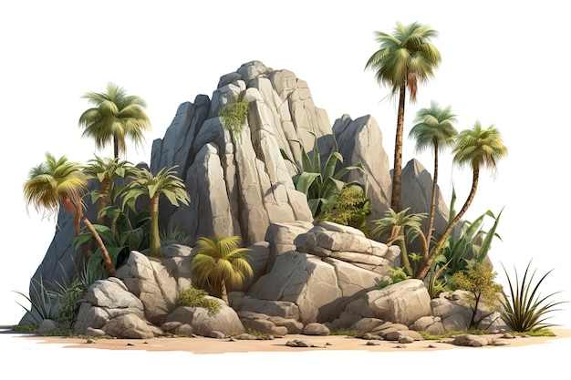 De bomen, de bergen op het eiland en de rotsen, geïsoleerd op een witte achtergrond, gebruikt in het ontwerp van advertenties.