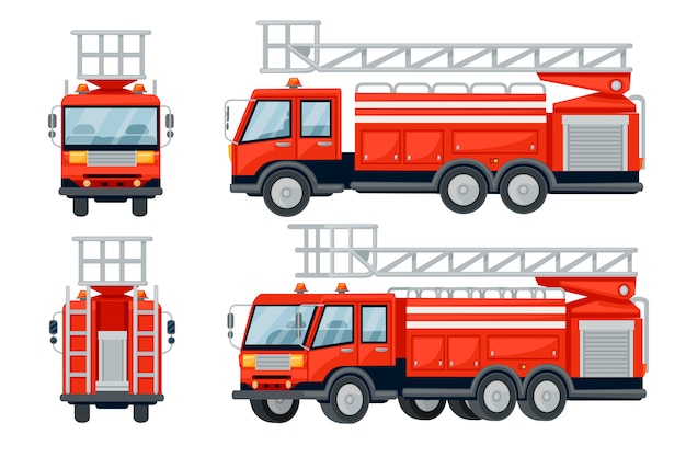 De brandweerautowagens van het beeldverhaalontwerp geplaatst vlakke die illustratie op witte achtergrond wordt geïsoleerd