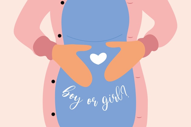 De buik van een zwangere vrouw. Wachten op een jongetje of meisje. Ansichtkaart voor genderfeest.