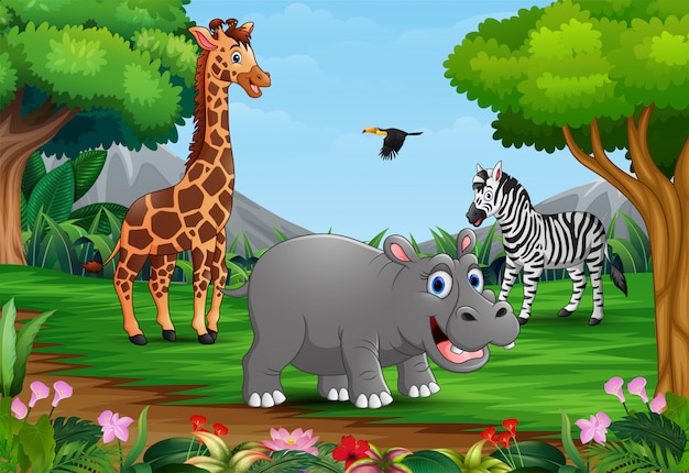 De cartoon van wilde dieren speelt in de jungle