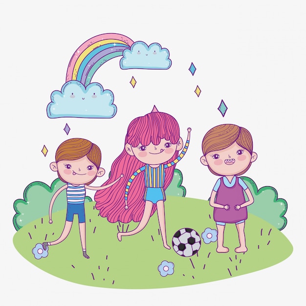 De dag, het meisje en de jongens van gelukkige kinderen met voetbalbalpark