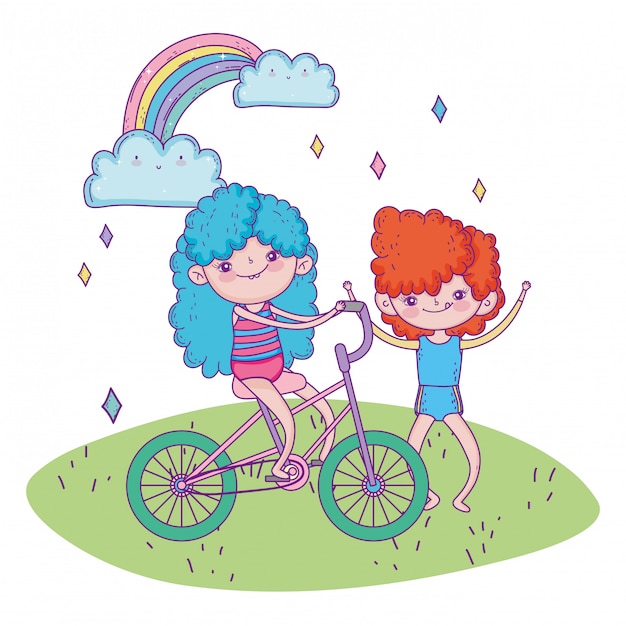 De dag van gelukkige kinderen, meisjes berijdende fiets en jongens openluchtbeeldverhaal