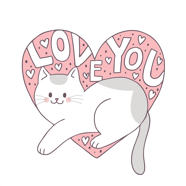 De dagkat van beeldverhaal leuke valentijnskaarten en liefdevector.