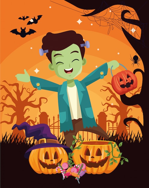 Vector de donkere illustratie van halloween met jongensvermomming van frankenstein