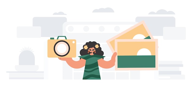 Vector de eeuwige dame houdt een camera en foto's in zijn handen. het concept van rust en reizen trendy stijl vectorillustratie