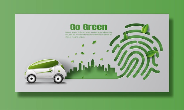 Vector de elektrische auto in een moderne stad, red de planeet en het energieconcept.