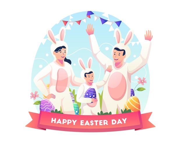 De familie draagt kostuums verkleed als konijntjes om Paasdag te vieren Vlakke stijl vectorillustratie