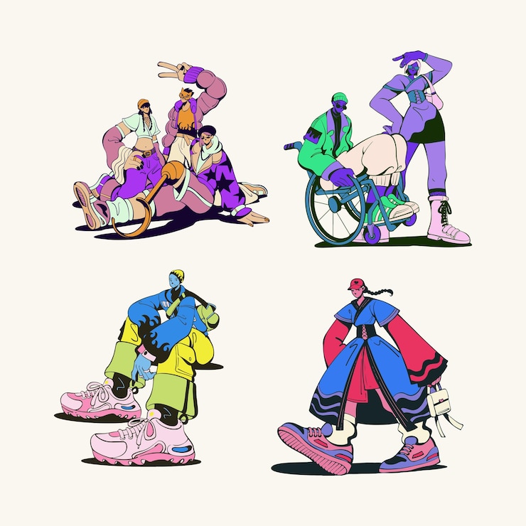 Vector de figuren uit de mode-industrie worden afgebeeld in een klassieke stijl met levendige kleurencombinaties