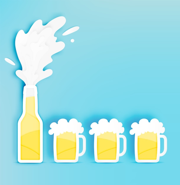 Vector de fles en het glas bier met bel in document snijden stijl vectorillustratie